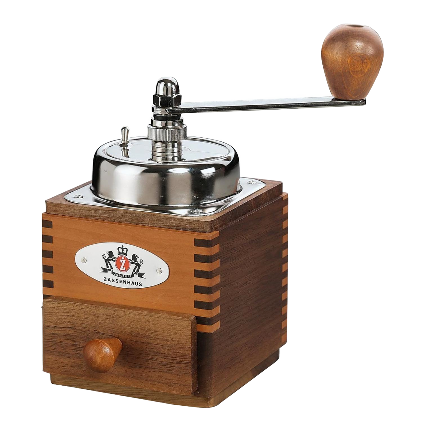 Handcrafted wooden coffee mill with top crank and metal grinding mechanism, featuring German steel burrs, ideal for Farm, Garden & Tool, Kitchen & Food, Brewing Coffee and Tea, and Best Sellers collections.
