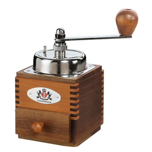 Handcrafted wooden coffee mill with top crank and metal grinding mechanism, featuring German steel burrs, ideal for Farm, Garden & Tool, Kitchen & Food, Brewing Coffee and Tea, and Best Sellers collections.