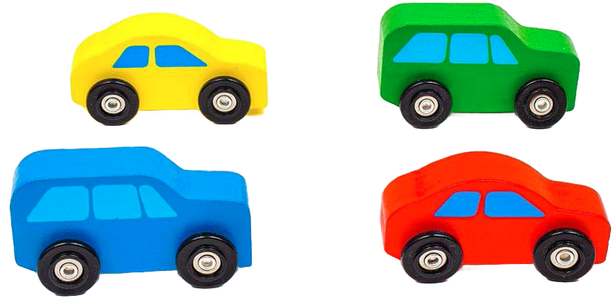 Set of four handcrafted wooden toy cars in yellow, green, blue, and red, designed for indoor play and featured in children's wooden toys and best sellers collections.
