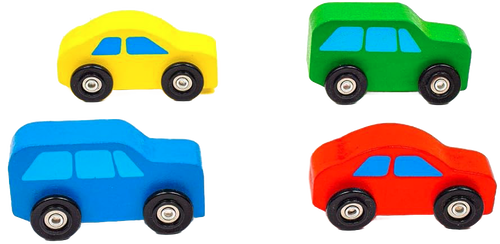 Set of four handcrafted wooden toy cars in yellow, green, blue, and red, designed for indoor play and featured in children's wooden toys and best sellers collections.