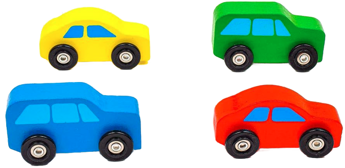 Set of four handcrafted wooden toy cars in yellow, green, blue, and red, designed for indoor play and featured in children's wooden toys and best sellers collections.
