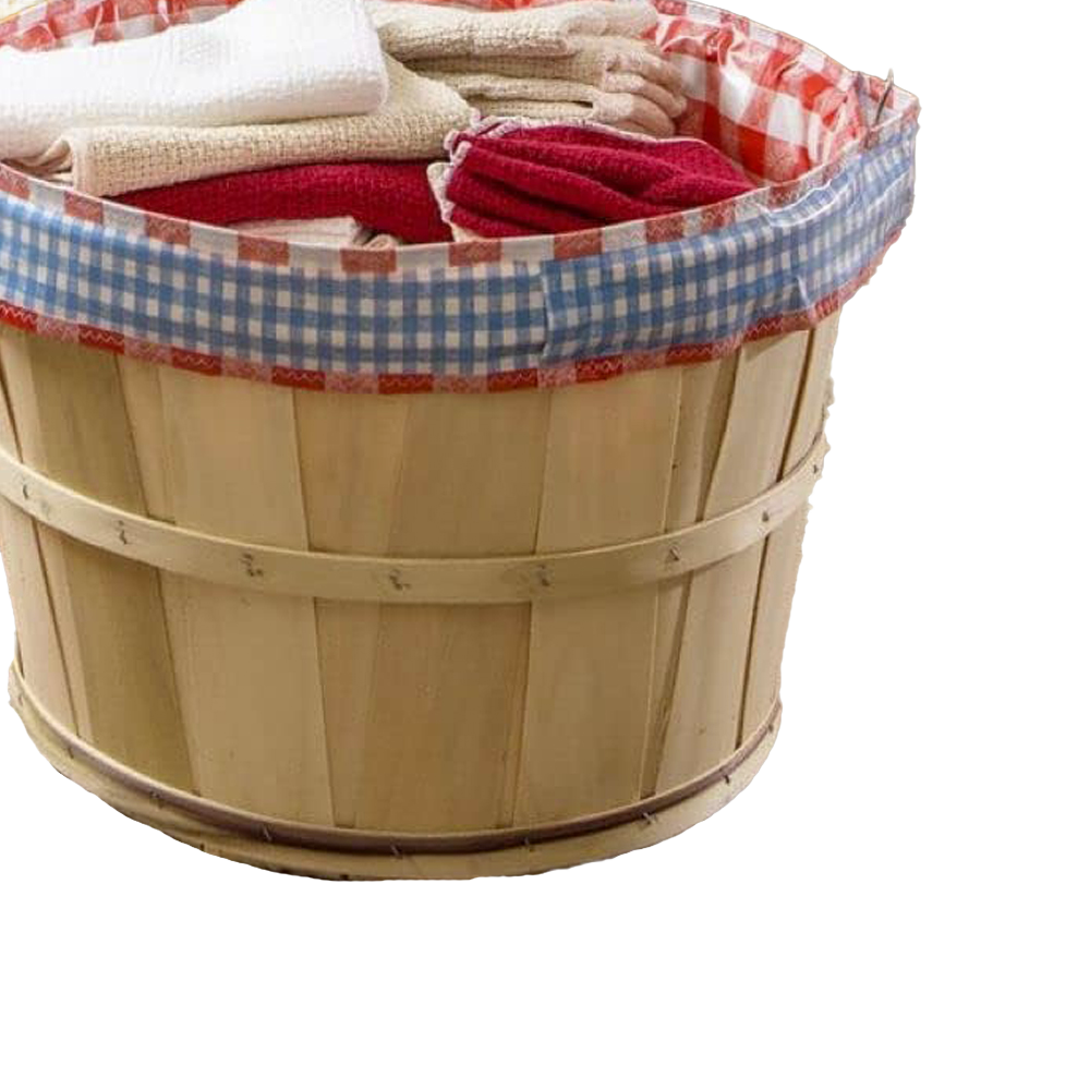 Handcrafted reusable fabric liner with blue and white gingham trim and red checkered edge snugly fitted inside a wooden bushel basket filled with folded laundry, ideal for Home & Decor, Laundry Supplies, Dryers and Drying Accessories, Hampers and Storage, and Best Sellers collections.