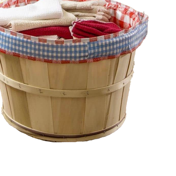 Handcrafted reusable fabric liner with blue and white gingham trim and red checkered edge snugly fitted inside a wooden bushel basket filled with folded laundry, ideal for Home & Decor, Laundry Supplies, Dryers and Drying Accessories, Hampers and Storage, and Best Sellers collections.