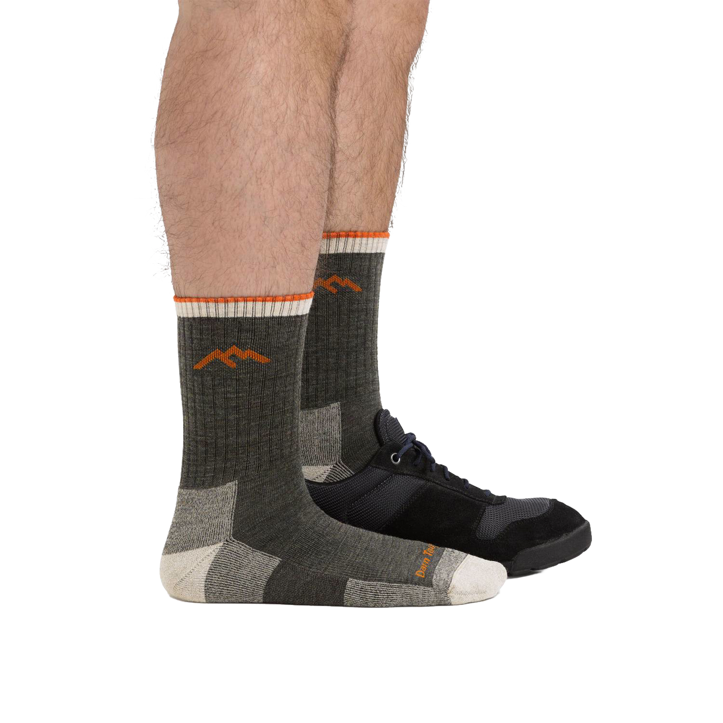 Pair of midweight hiking socks in dark olive green with contrasting gray heel and toe, featuring a subtle mountain logo, designed for durability and comfort, made in USA, ideal for Health & Wellness, Camping, Clothing and Accessories, USA Made, Best Sellers, and Promo Eligible collections at Lehman’s.