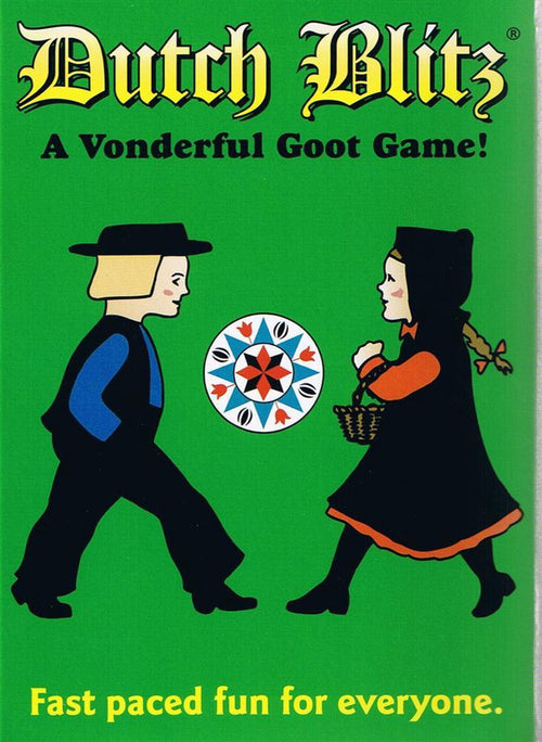 Vintage-style game box cover with a green background featuring illustrated Amish children in traditional clothing, promoting a fun, fast-paced card game in USA made collection.