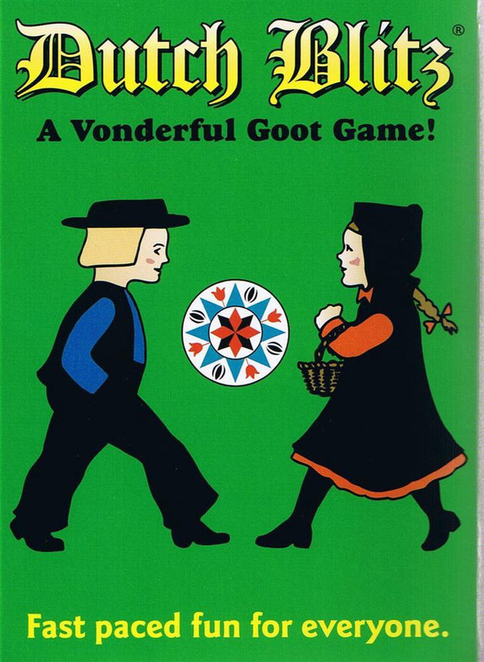 Vintage-style game box cover with a green background featuring illustrated Amish children in traditional clothing, promoting a fun, fast-paced card game in USA made collection.