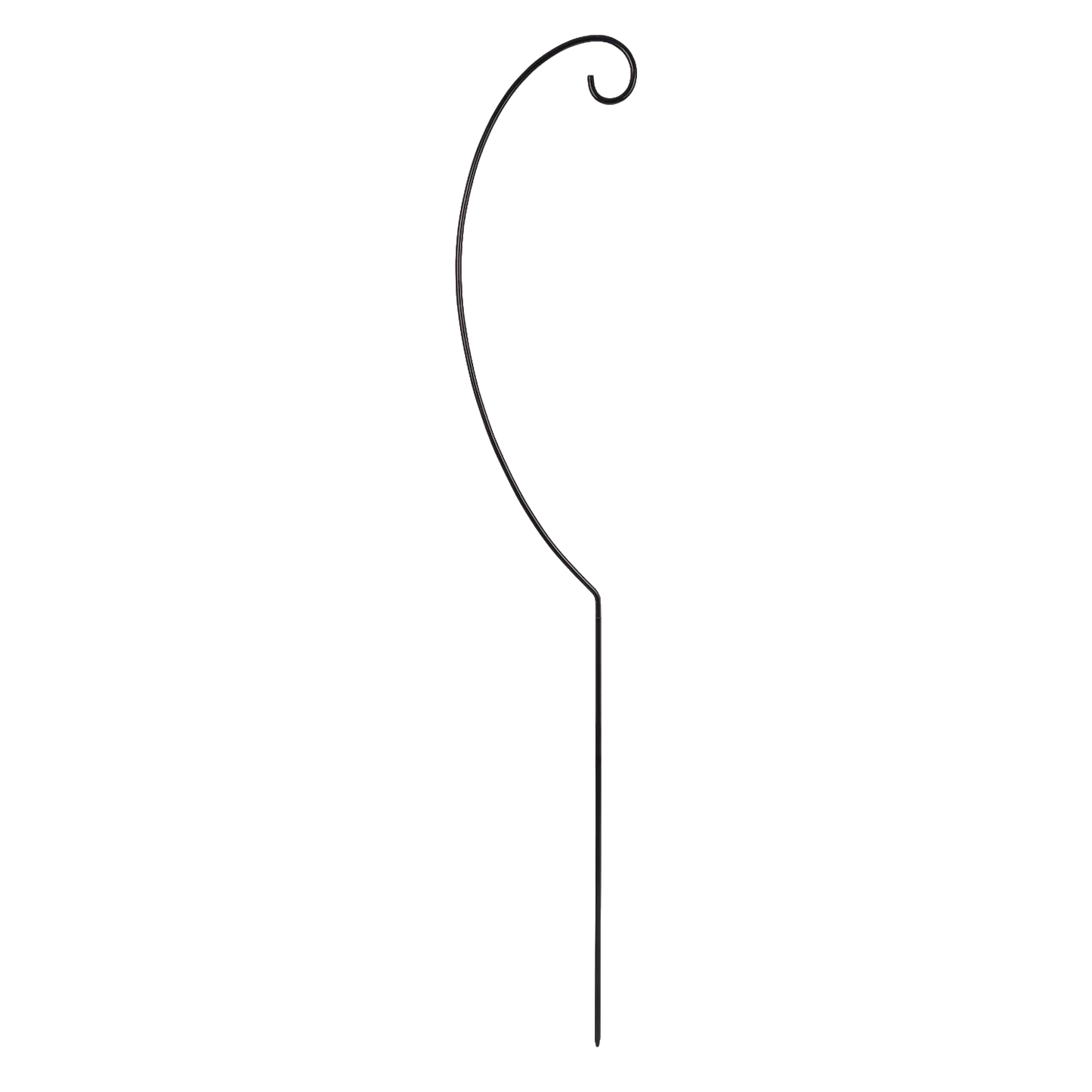 Black metal lantern holder with a curved top hook and a V-shaped bottom piece, designed for easy assembly and outdoor use, ideal for camping, lamps & lighting, and emergency supplies collections.