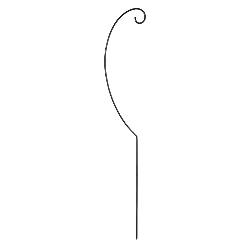 Black metal lantern holder with a curved top hook and a V-shaped bottom piece, designed for easy assembly and outdoor use, ideal for camping, lamps & lighting, and emergency supplies collections.