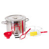 Handcrafted stainless steel water bath canner kit with lid, red funnel, jar lifter, tongs, and wire rack, ideal for Kitchen & Food, Food Preservation, and Canning collections.