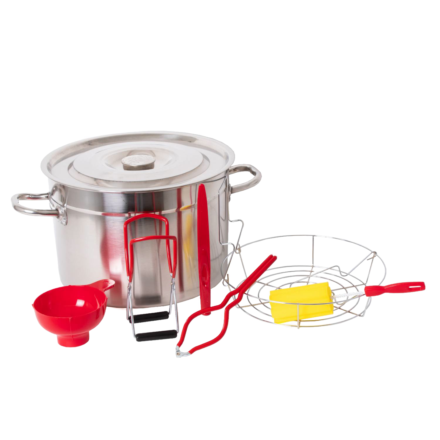 Handcrafted stainless steel water bath canner kit with lid, red funnel, jar lifter, tongs, and wire rack, ideal for Kitchen & Food, Food Preservation, and Canning collections.