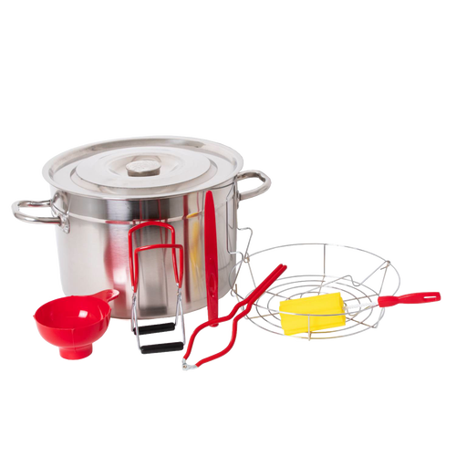 Handcrafted stainless steel water bath canner kit with lid, red funnel, jar lifter, tongs, and wire rack, ideal for Kitchen & Food, Food Preservation, and Canning collections.