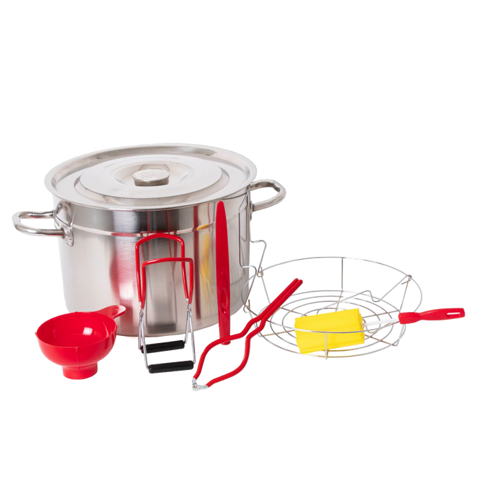 Handcrafted stainless steel water bath canner kit with lid, red funnel, jar lifter, tongs, and wire rack, ideal for Kitchen & Food, Food Preservation, and Canning collections.