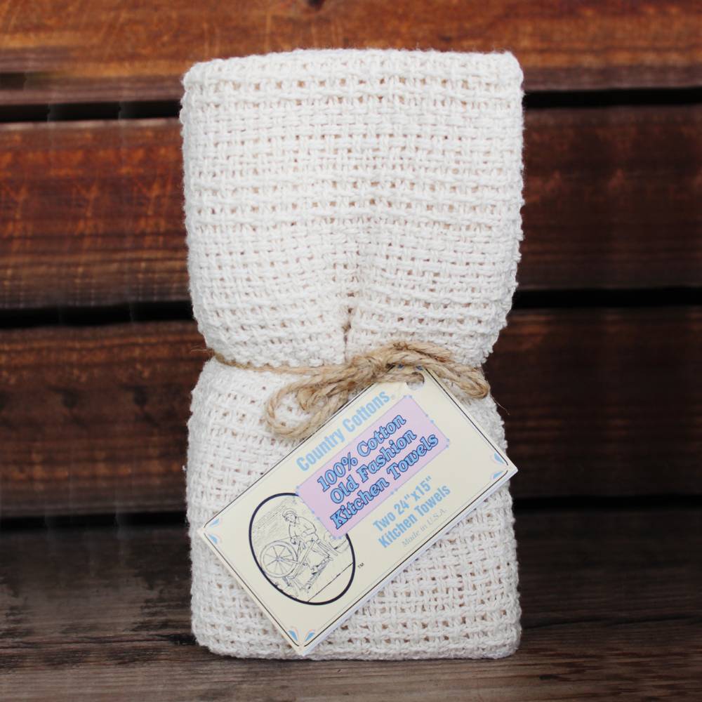 Pack of two loosely woven natural cotton kitchen towels with textured weave, tied with rustic twine and vintage-style label, featured in Kitchen & Food, Kitchen Textiles, USA Made, Best Sellers, and Promo Eligible collections.