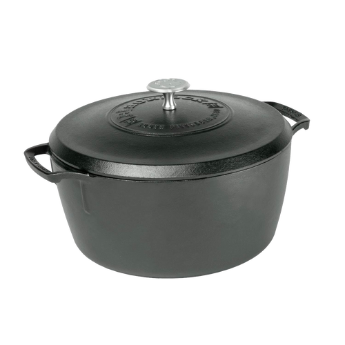 Heavy-duty cast iron Dutch oven with lid and metal knob, lightweight design handcrafted in USA, ideal for Kitchen & Food, Cookware, Cast Iron, and Best Sellers collections.