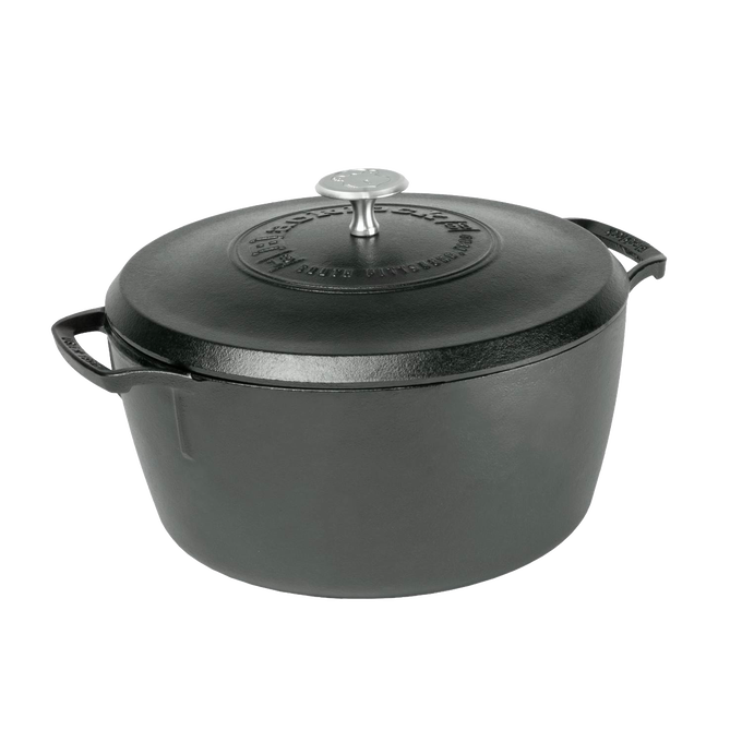 Heavy-duty cast iron Dutch oven with lid and metal knob, lightweight design handcrafted in USA, ideal for Kitchen & Food, Cookware, Cast Iron, and Best Sellers collections.