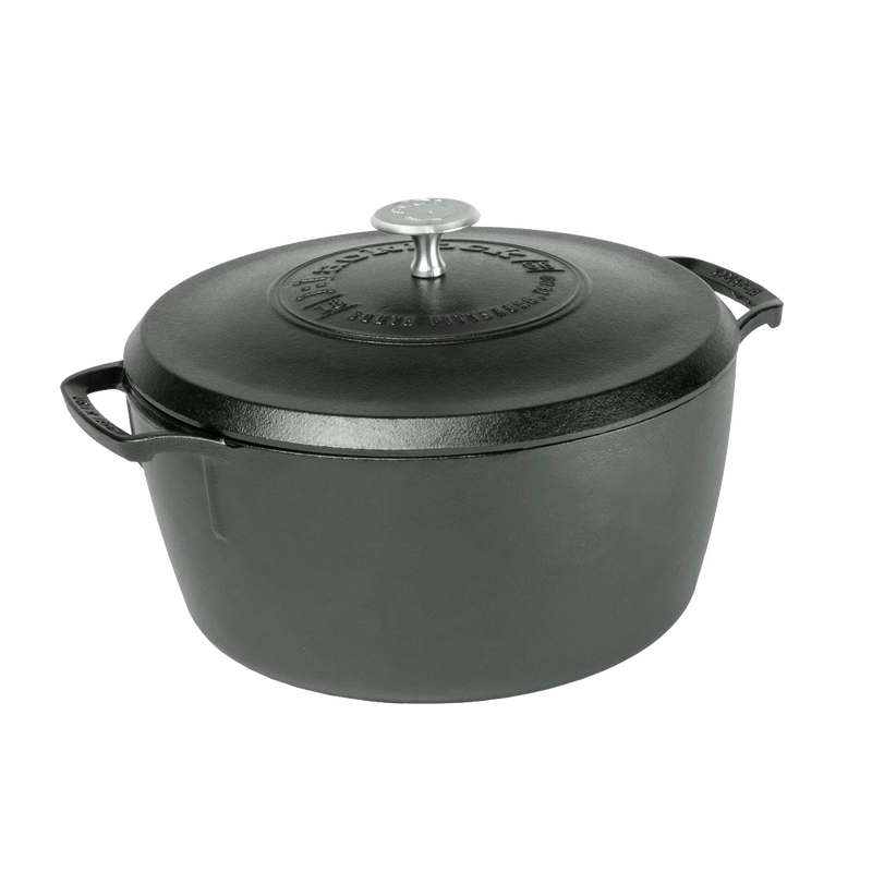 Heavy-duty cast iron Dutch oven with lid and metal knob, lightweight design handcrafted in USA, ideal for Kitchen & Food, Cookware, Cast Iron, and Best Sellers collections.