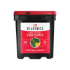 Black emergency food bucket with red lid featuring a label for a freeze-dried vegetable supply with 120 servings, made in USA, ideal for Kitchen & Food, Emergency Supplies, and Pantry collections.