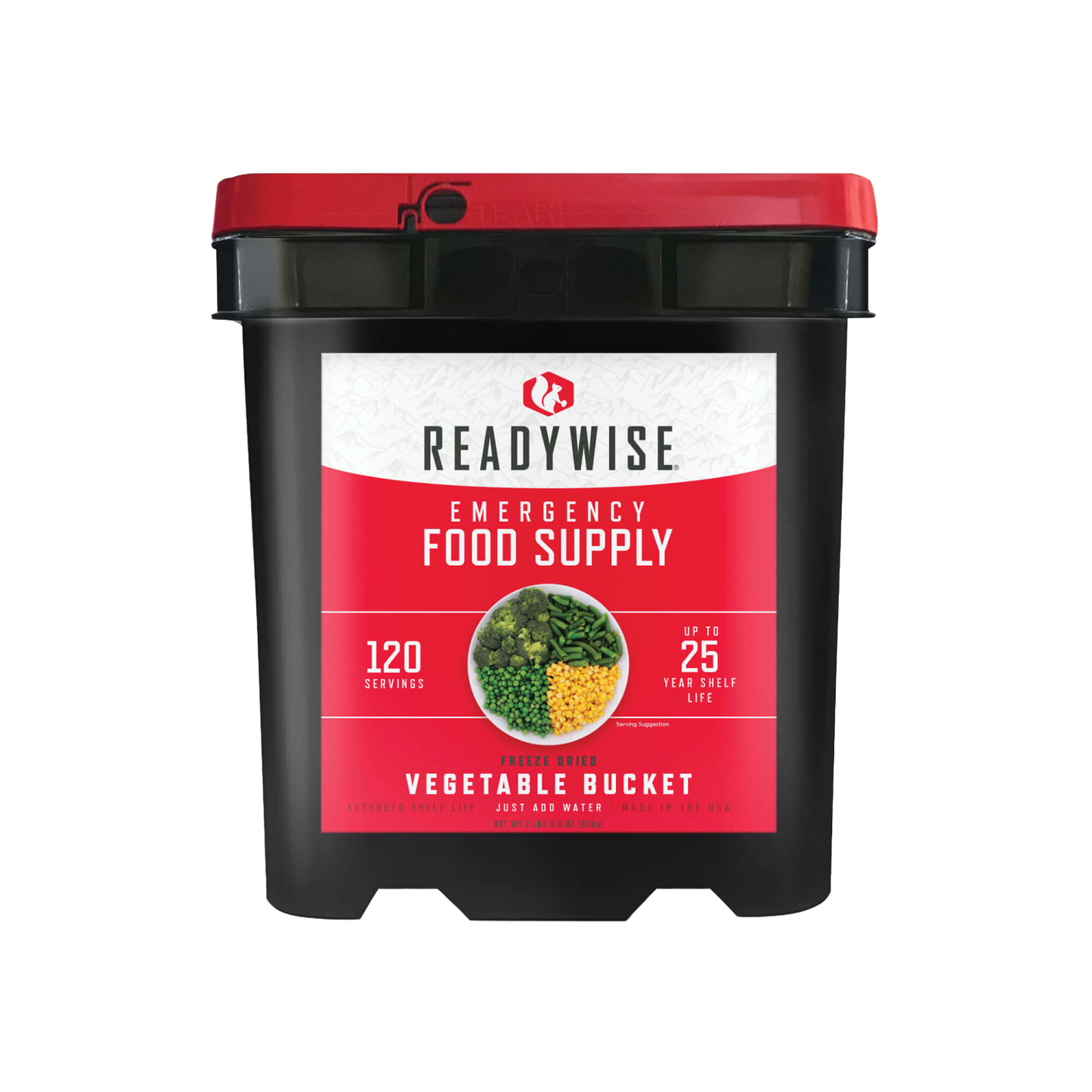 Black emergency food bucket with red lid featuring a label for a freeze-dried vegetable supply with 120 servings, made in USA, ideal for Kitchen & Food, Emergency Supplies, and Pantry collections.