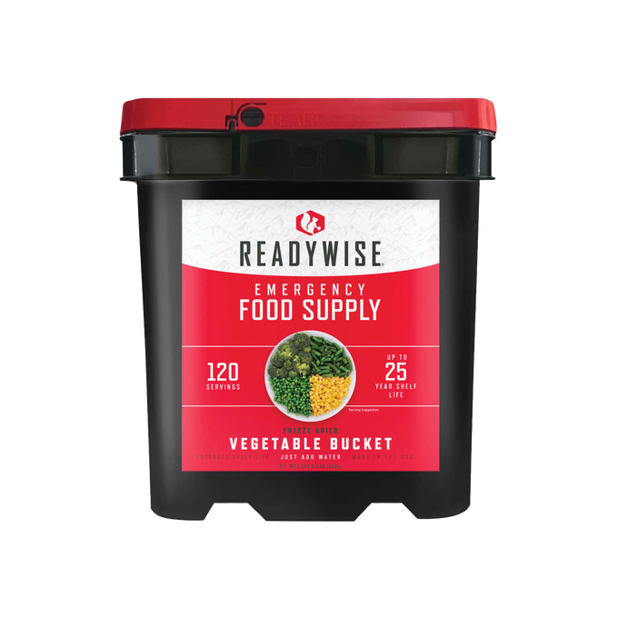 Black emergency food bucket with red lid featuring a label for a freeze-dried vegetable supply with 120 servings, made in USA, ideal for Kitchen & Food, Emergency Supplies, and Pantry collections.