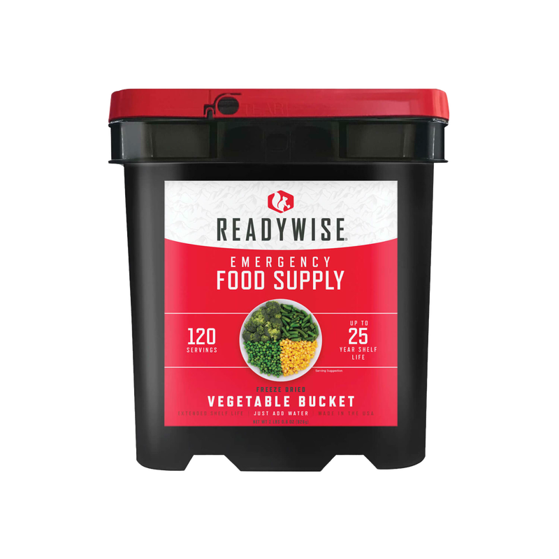 Black emergency food bucket with red lid featuring a label for a freeze-dried vegetable supply with 120 servings, made in USA, ideal for Kitchen & Food, Emergency Supplies, and Pantry collections.