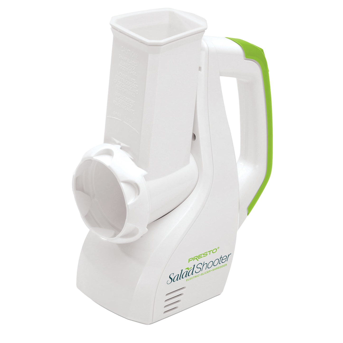 Electric vegetable slicer and shredder with white body and green-accented handle, designed for effortless food prep in Kitchen & Food, Food Prep, and Kitchen Gadgets collections.