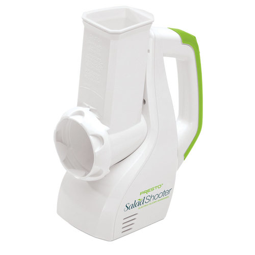 Electric vegetable slicer and shredder with white body and green-accented handle, designed for effortless food prep in Kitchen & Food, Food Prep, and Kitchen Gadgets collections.