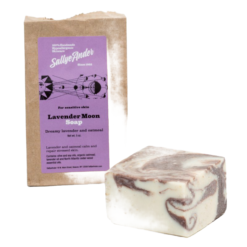 Handcrafted hypoallergenic Lavender Moon soap bar with creamy beige base and swirls of lavender brown, made in USA, ideal for Health & Wellness, Grooming, Soaps, and USA Made collections.