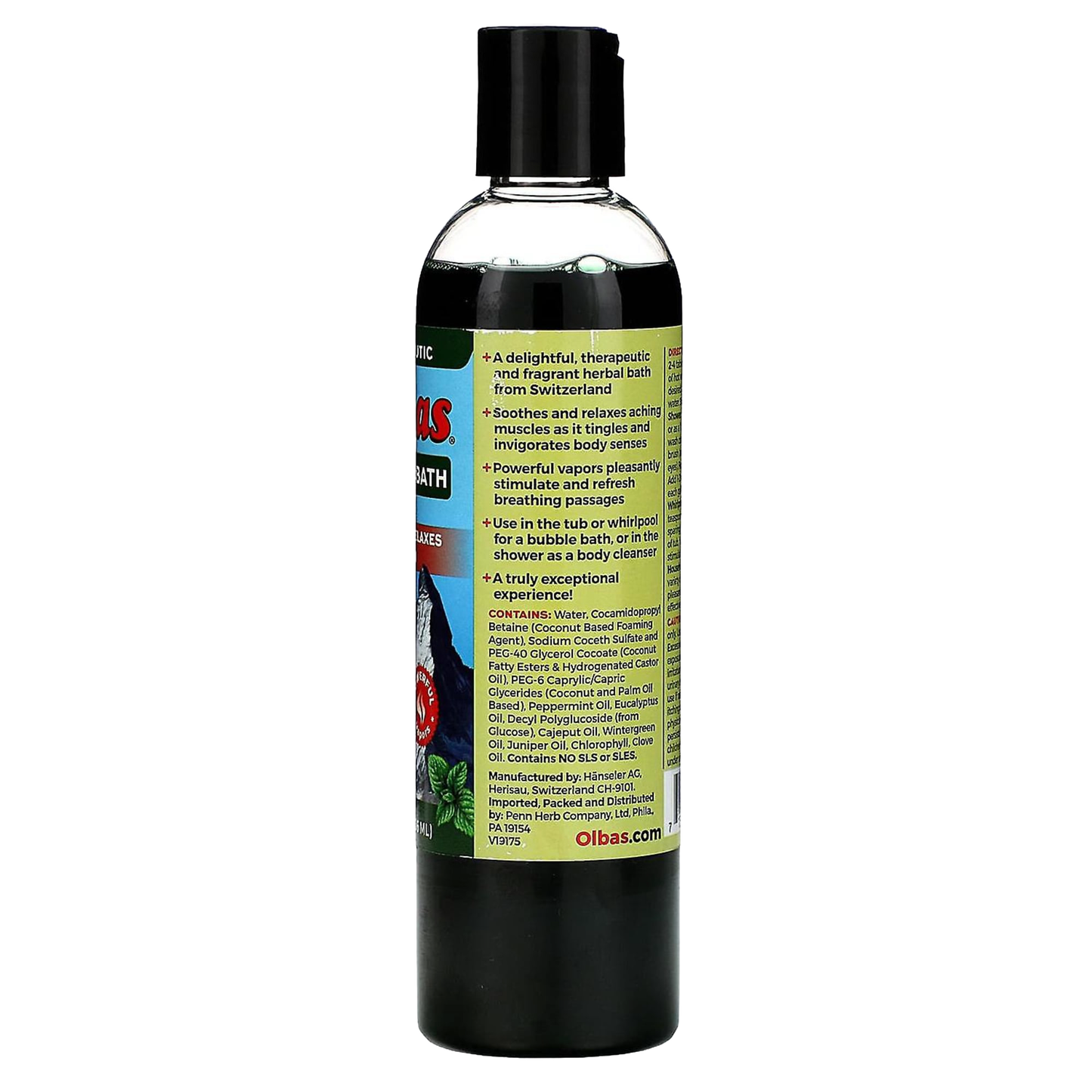 Back view of a tall dark green bottle featuring a yellow label with detailed product description and usage instructions for an herbal bath liquid, designed for Health & Wellness and personal hygiene collections.