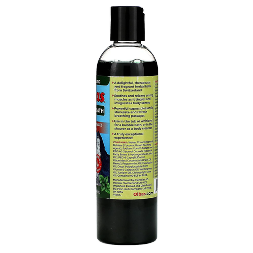 Back view of a tall dark green bottle featuring a yellow label with detailed product description and usage instructions for an herbal bath liquid, designed for Health & Wellness and personal hygiene collections.