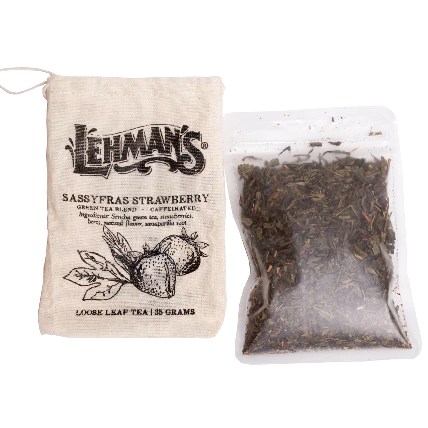 Natural drawstring bag labeled Sassyfras Strawberry green tea blend with loose leaf tea in clear resealable pouch, handcrafted and made in USA, featured in Kitchen & Food and Beverages collections.