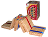 Handcrafted wooden folk toy featuring natural wood blocks connected by red, white, and blue ribbons, designed for indoor play and included in USA Made and Best Sellers collections.