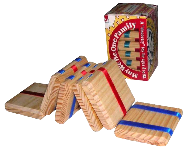 Handcrafted wooden folk toy featuring natural wood blocks connected by red, white, and blue ribbons, designed for indoor play and included in USA Made and Best Sellers collections.