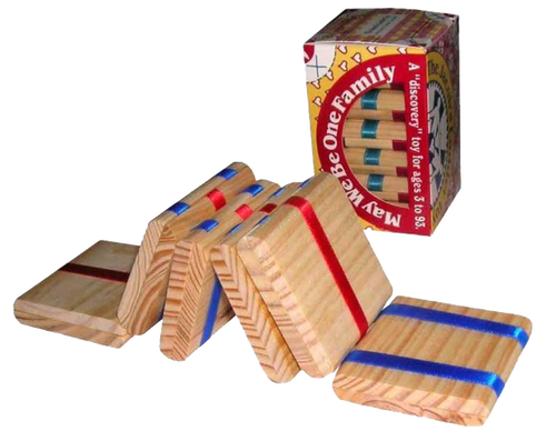 Handcrafted wooden folk toy featuring natural wood blocks connected by red, white, and blue ribbons, designed for indoor play and included in USA Made and Best Sellers collections.
