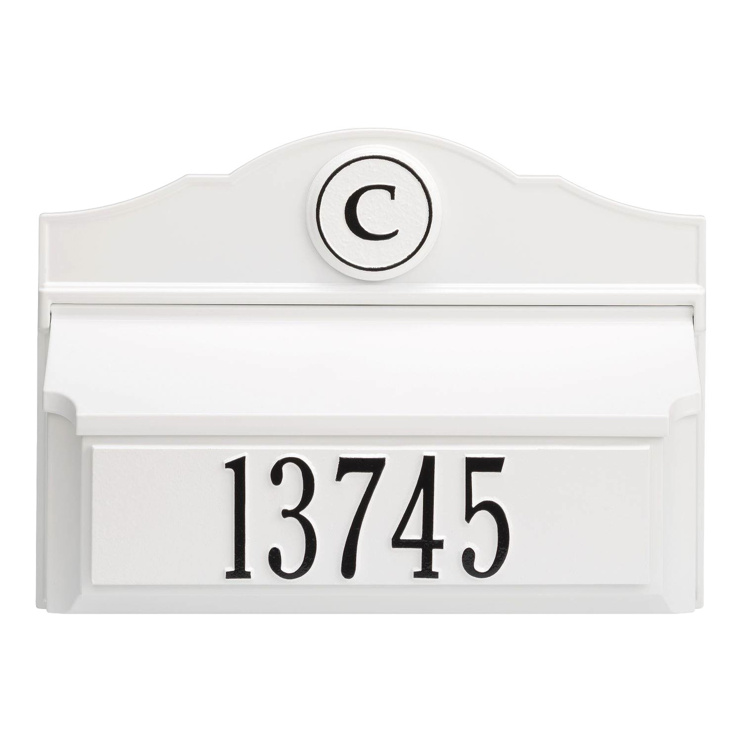 Handcrafted white and black wall mount mailbox with personalized monogram and house number, made in USA, featured in Home & Decor and Mailboxes and Address Signs collections.