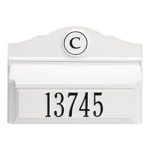 Handcrafted white and black wall mount mailbox with personalized monogram and house number, made in USA, featured in Home & Decor and Mailboxes and Address Signs collections.