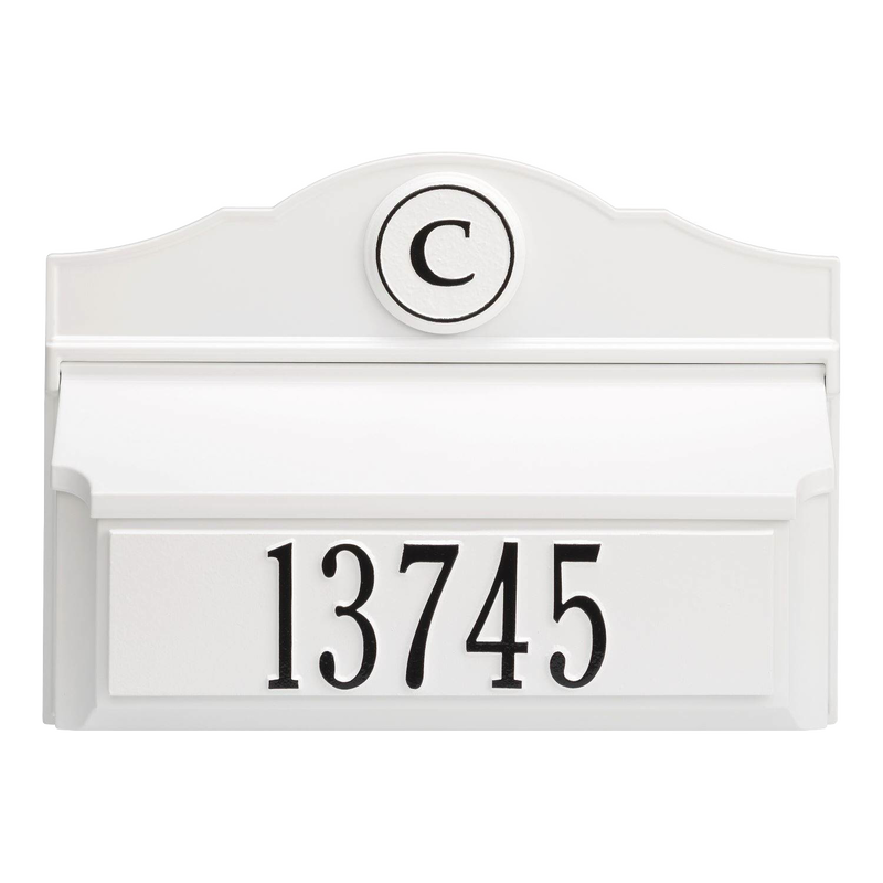 Handcrafted white and black wall mount mailbox with personalized monogram and house number, made in USA, featured in Home & Decor and Mailboxes and Address Signs collections.