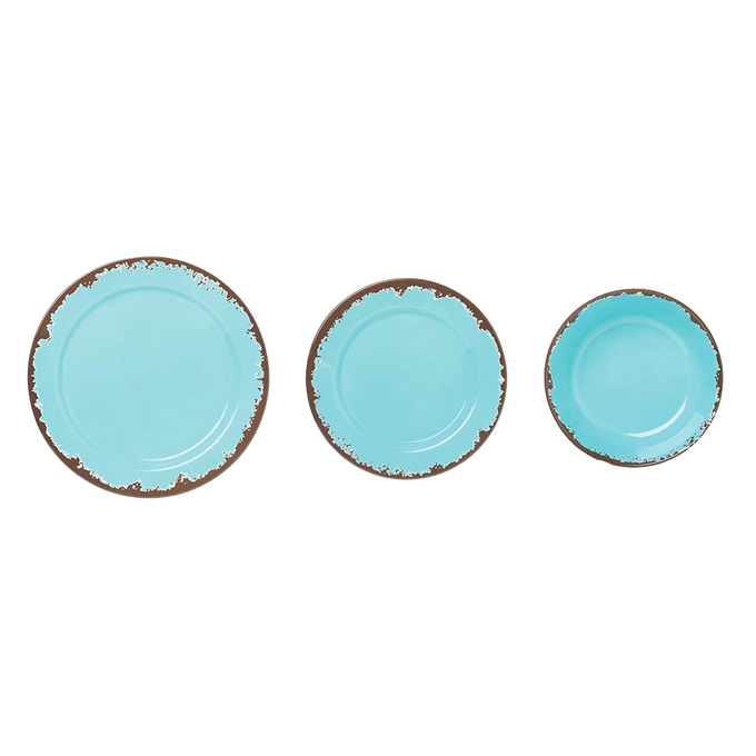 Three-piece set of rustic turquoise melamine dishes featuring distressed brown edges, including dinner, salad, and shallow bowl, ideal for Kitchen & Food, Storage and Serving, Best Sellers, and Promo Eligible collections.