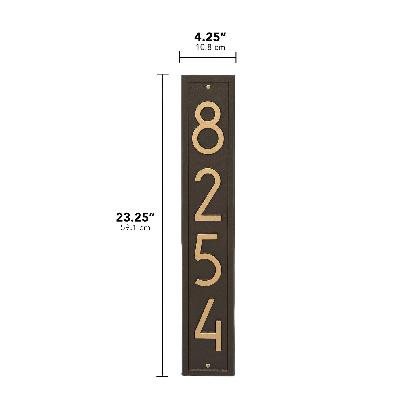 Vertical handcrafted address plaque in aged bronze with modern numbers, made in USA, ideal for enhancing curb appeal in Home & Decor and Mailboxes and Address Signs collections.