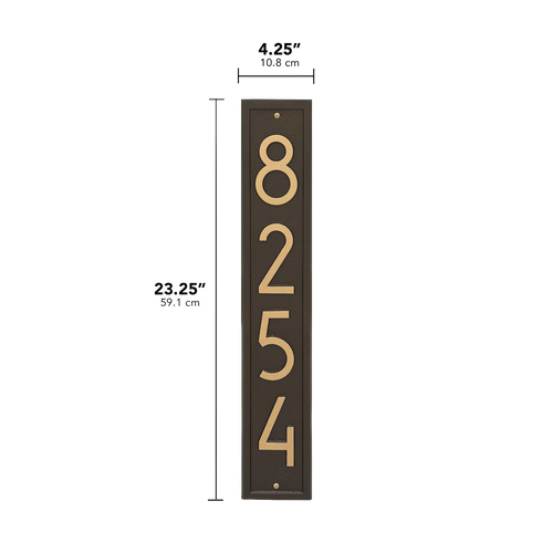Vertical handcrafted address plaque in aged bronze with modern numbers, made in USA, ideal for enhancing curb appeal in Home & Decor and Mailboxes and Address Signs collections.