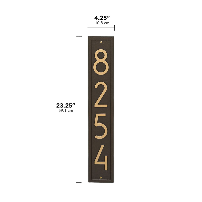 Vertical handcrafted address plaque in aged bronze with modern numbers, made in USA, ideal for enhancing curb appeal in Home & Decor and Mailboxes and Address Signs collections.