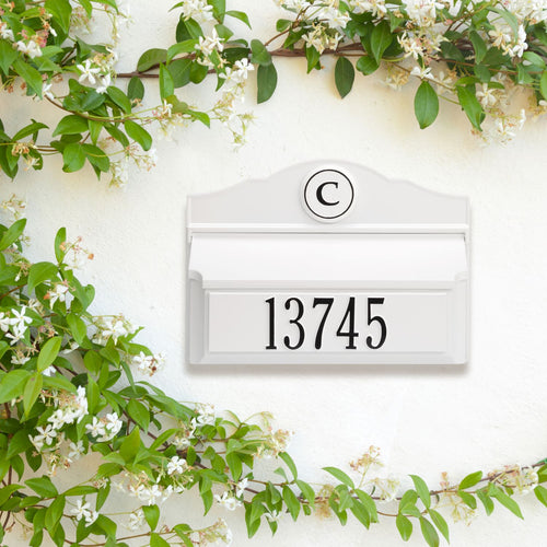 Handcrafted white and black custom wall mount mailbox with personalized monogram and house number, highlighting quality craftsmanship in Home & Decor, Mailboxes and Address Signs, USA Made, and Best Sellers collections.