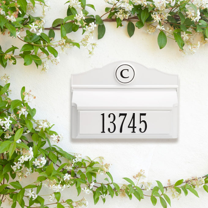 Handcrafted white and black custom wall mount mailbox with personalized monogram and house number, highlighting quality craftsmanship in Home & Decor, Mailboxes and Address Signs, USA Made, and Best Sellers collections.