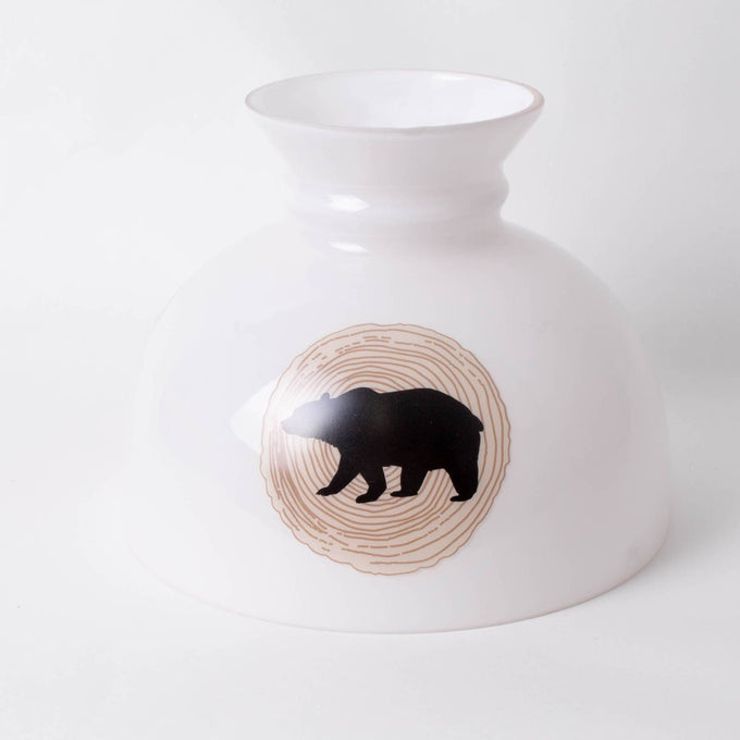 Handcrafted 10-inch glass lamp shade featuring a black bear silhouette over a natural wood grain circle, part of Lamps & Lighting, Parts and Accessories, Lamp Shades, Best Sellers, and Promo Eligible collections.