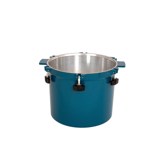 Teal blue heavy-duty pressure canner pot with secure locking clamps and sturdy side handles, designed for safe food preservation in Kitchen & Food and USA Made collections.