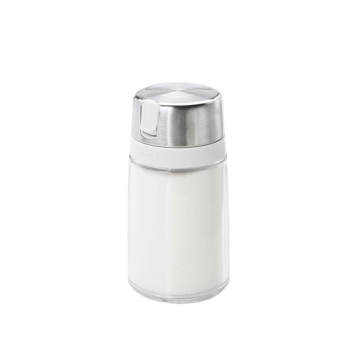 Clear glass sugar dispenser with stainless steel lid and side spout designed to minimize moisture and prevent clumping, ideal for Kitchen & Food, Kitchen Gadgets, Storage and Serving collections.