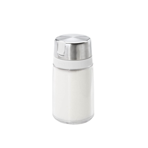 Clear glass sugar dispenser with stainless steel lid and side spout designed to minimize moisture and prevent clumping, ideal for Kitchen & Food, Kitchen Gadgets, Storage and Serving collections.