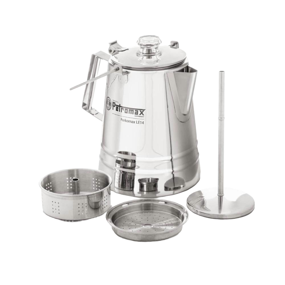 Polished stainless steel percolator with clear glass lid knob, foldable handle, and detachable coffee filter parts, designed for gentle brewing in Camping, Kitchen & Food, Farm, Garden & Tool, and Brewing Coffee and Tea collections.