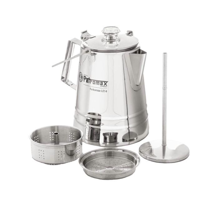 Polished stainless steel percolator with clear glass lid knob, foldable handle, and detachable coffee filter parts, designed for gentle brewing in Camping, Kitchen & Food, Farm, Garden & Tool, and Brewing Coffee and Tea collections.