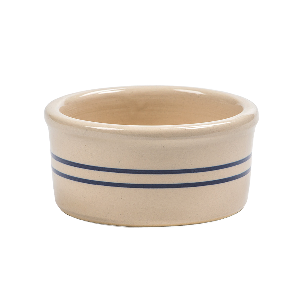 Handcrafted stoneware ramekin in natural color with double blue stripes, made in the USA, ideal for baking and kitchen use in Cookware, Baking Supplies, and Best Sellers collections.