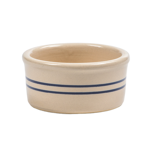 Handcrafted stoneware ramekin in natural color with double blue stripes, made in the USA, ideal for baking and kitchen use in Cookware, Baking Supplies, and Best Sellers collections.